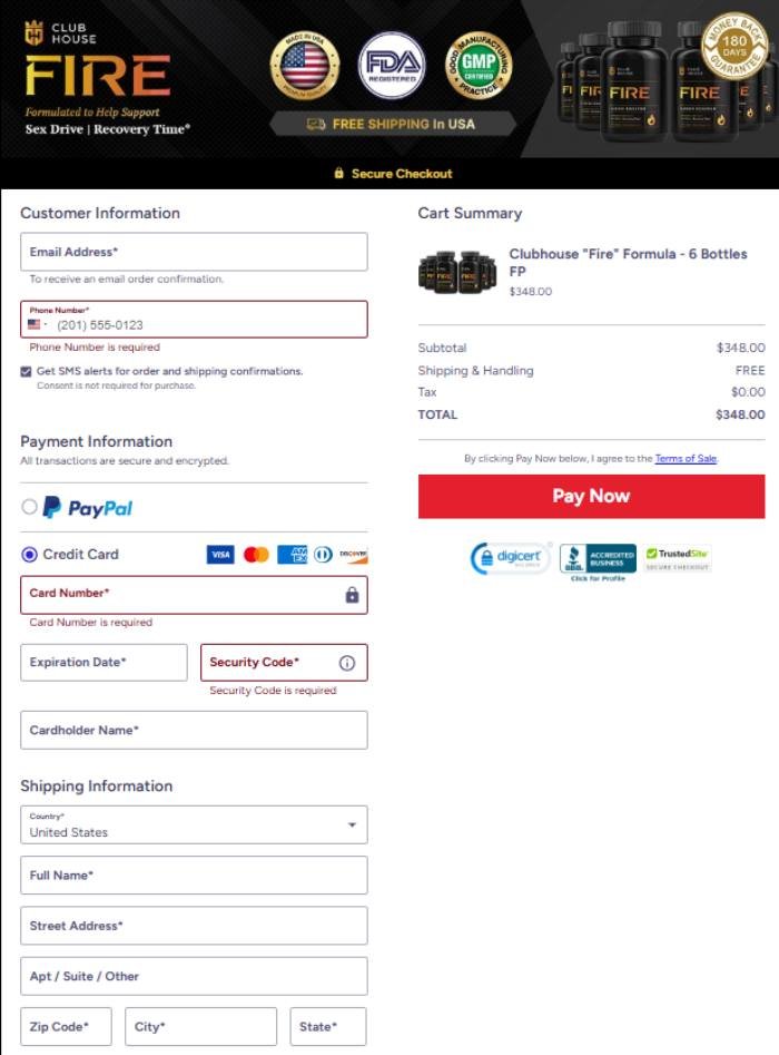Secure checkout for Clubhouse Fire orders